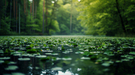 A lake in the middle of the forest with water lily leaves on itの素材