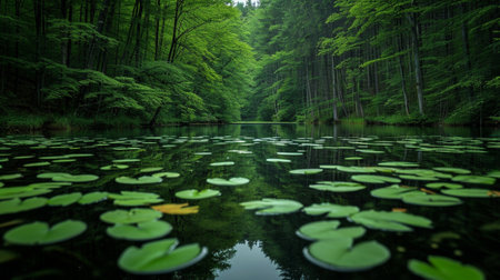 A lake in the middle of the forest with water lily leaves on itの素材