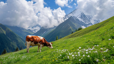 A brown cow with white spots grazing on a mountain slopeの素材