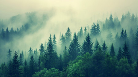 A mysterious forest of fir trees in the fogの素材