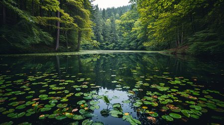 A lake in the middle of the forest with water lily leaves on itの素材