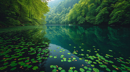A lake in the middle of the forest with water lily leaves on itの素材