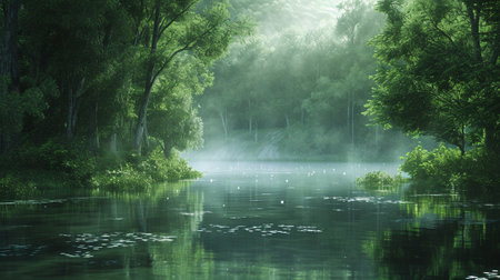 A fantastic forest through which a mysterious river flowsの素材