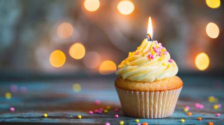 A yellow vanilla cupcake with a candleの素材
