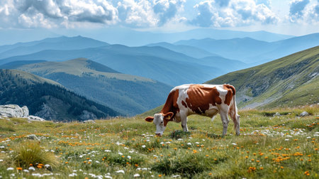 A brown cow with white spots grazing on a mountain slopeの素材