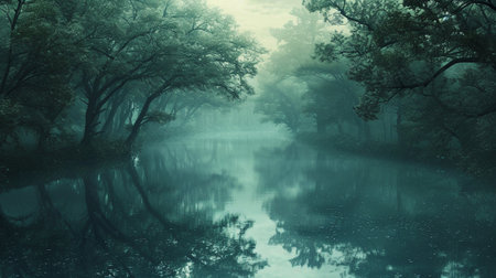 A fantastic forest through which a mysterious river flowsの素材
