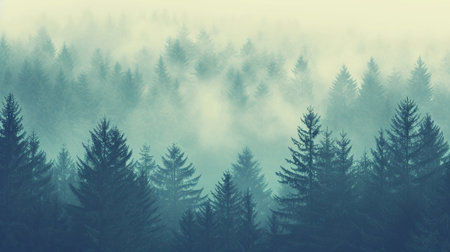 A mysterious forest of fir trees in the fogの素材