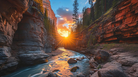 A sunset over a canyon in the mountainsの素材