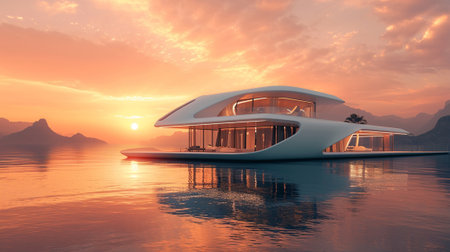 A futuristic house that floats on waterの素材