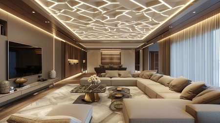 The interior of a living room with a wooden patternの素材