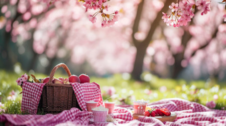 A spring picnic under a cherry blossom treeの素材