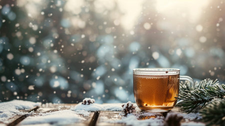 An aromatic cup of tea in winter on a table in the forestの素材