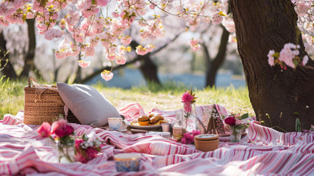 A spring picnic under a cherry blossom treeの素材