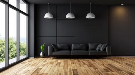A minimalist black interior with a black sofaの素材