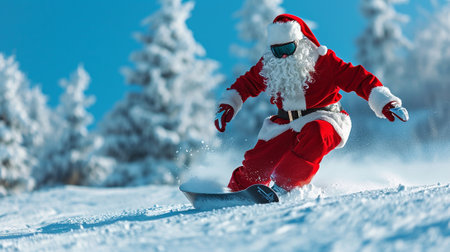 Santa Claus on a snowboard on a mountain slopeの素材