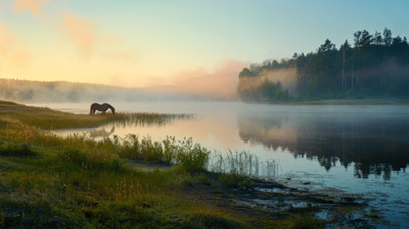 A horse grazing on the shore of a lake in the morning fogの素材
