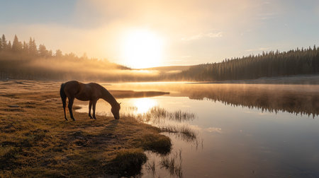 A horse grazing on the shore of a lake in the morning fogの素材