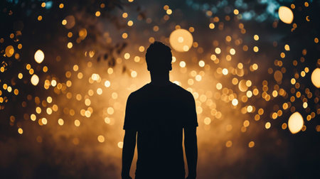 Silhouette of a man on a dark background with bokehの素材