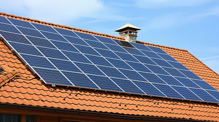 Solar panels on the roof of a tile houseの素材