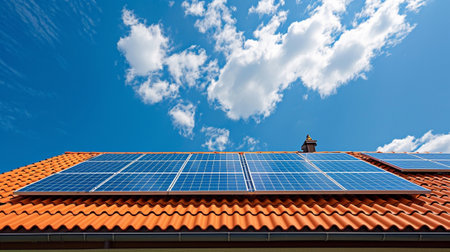 Solar panels on the roof of a tile houseの素材