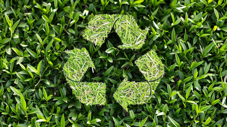 The recycling symbol created from grass on a green backgroundの素材