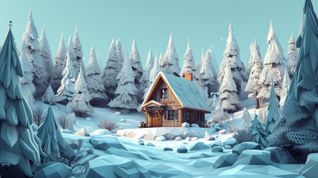 A wooden house in the forest in winter, isometric styleの素材
