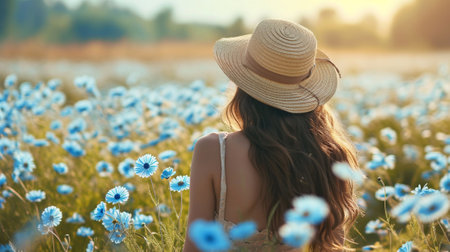 A beautiful girl in a field with blue daisiesの素材