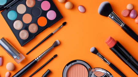 A composition of professional makeup equipment on an orange backgroundの素材