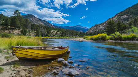 A boat on a river in the mountainsの素材