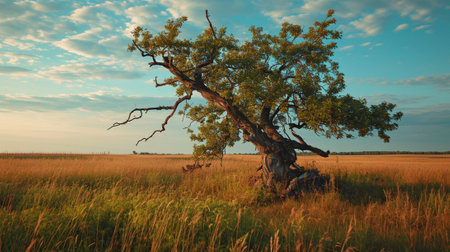 A tree on a green field with lots of grassの素材