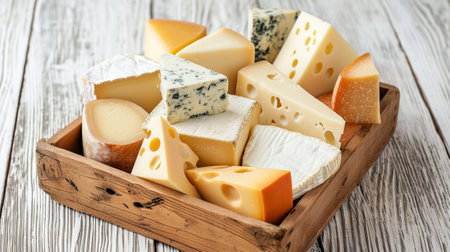 A wooden box with several types of cheese on a white tableの素材