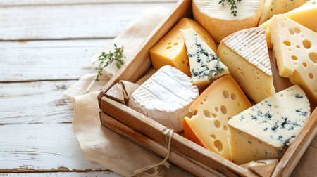 A wooden box with several types of cheese on a white tableの素材
