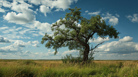 A tree on a green field with lots of grassの素材