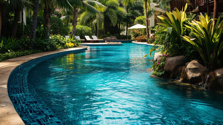 A tropical rest area with a swimming pool and palm treesの素材