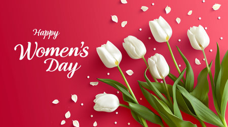 A bouquet of white tulips on a red background for International Women's Dayの素材