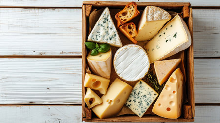 A wooden box with several types of cheese on a white tableの素材