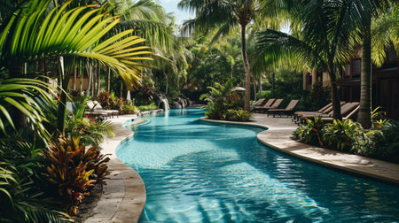 A tropical rest area with a swimming pool and palm treesの素材