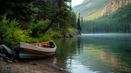 A boat on a river in the mountainsの素材
