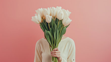 A girl holding a bouquet of tulips on a pink backgroundの素材