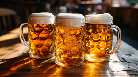 Three pints of beer with foam on a table in the barの素材