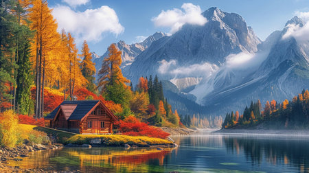 Autumn in the mountainous area next to a river, and among the trees there is a wooden cabinの素材