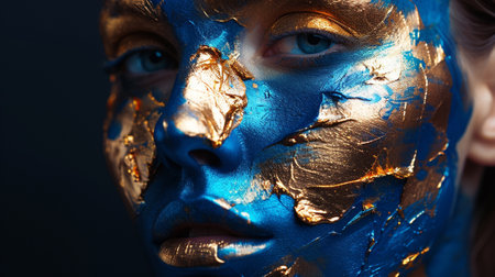 A beautiful girl with a face painted in blue and goldの素材