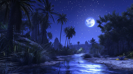 An oasis in the desert at nightの素材