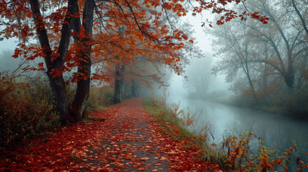 A forest with red autumn leaves and a river in the fogの素材