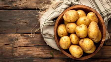 Potatoes in a wooden bowl on a tableの素材