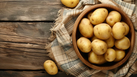 Potatoes in a wooden bowl on a tableの素材