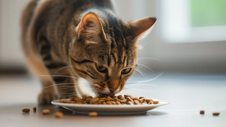 A cat eats cat food from a plateの素材