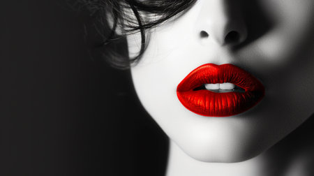 The black and white portrait of a girl, the lips accentuated in redの素材
