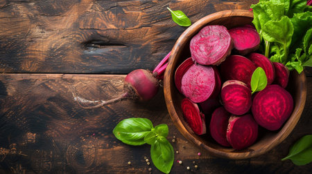Beetroot in a wooden bowl on a tableの素材