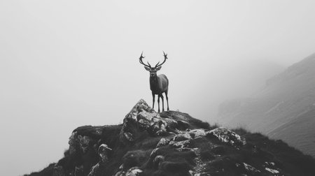 A deer on a high peak, black and white imageの素材